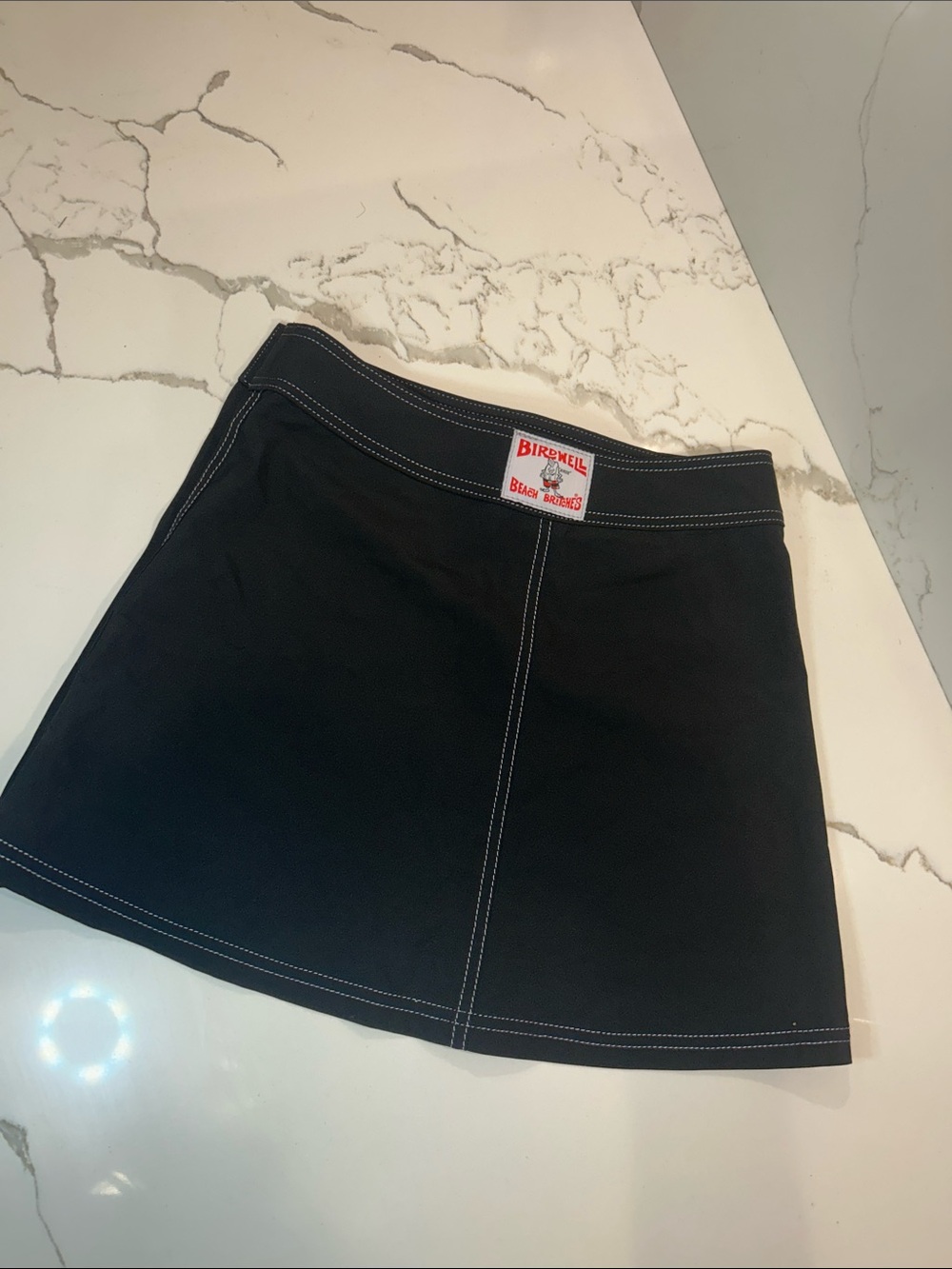 Birdwell Black A-Line wrap Mini Skirt with White Contrast Stitching